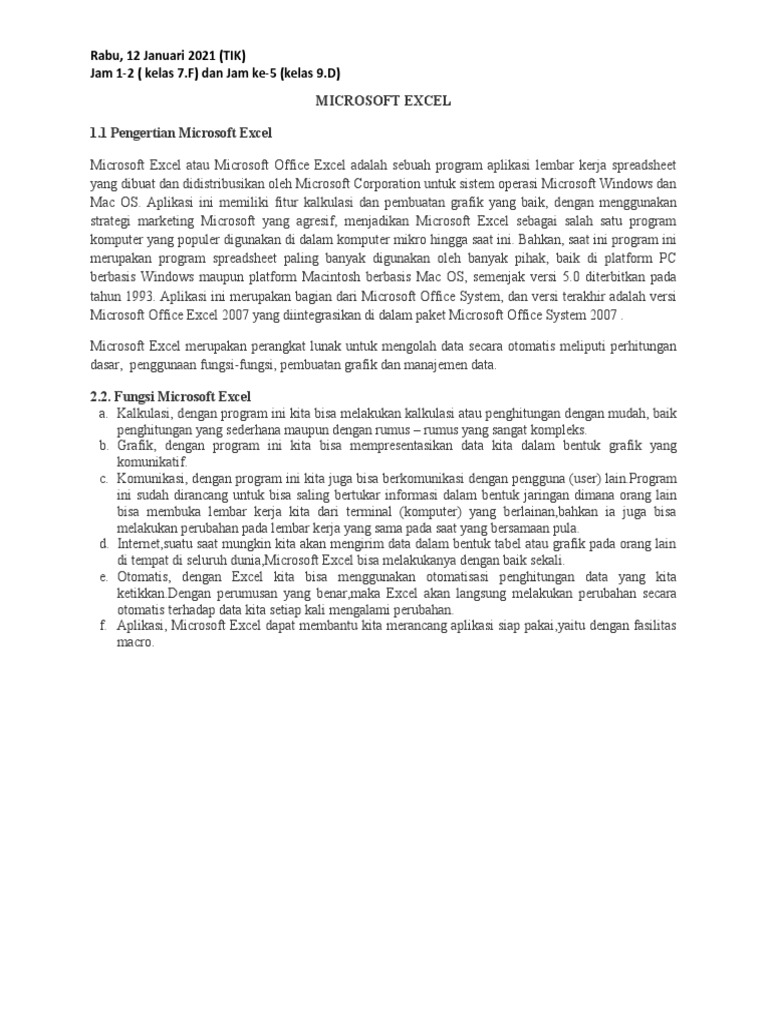 Materi - 1 MICROSOFT EXCEL | PDF