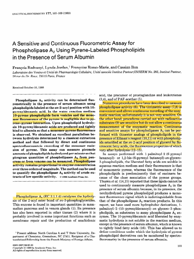 A Sensitive and Continuous Fluorometric Assay For Phospholipase A2