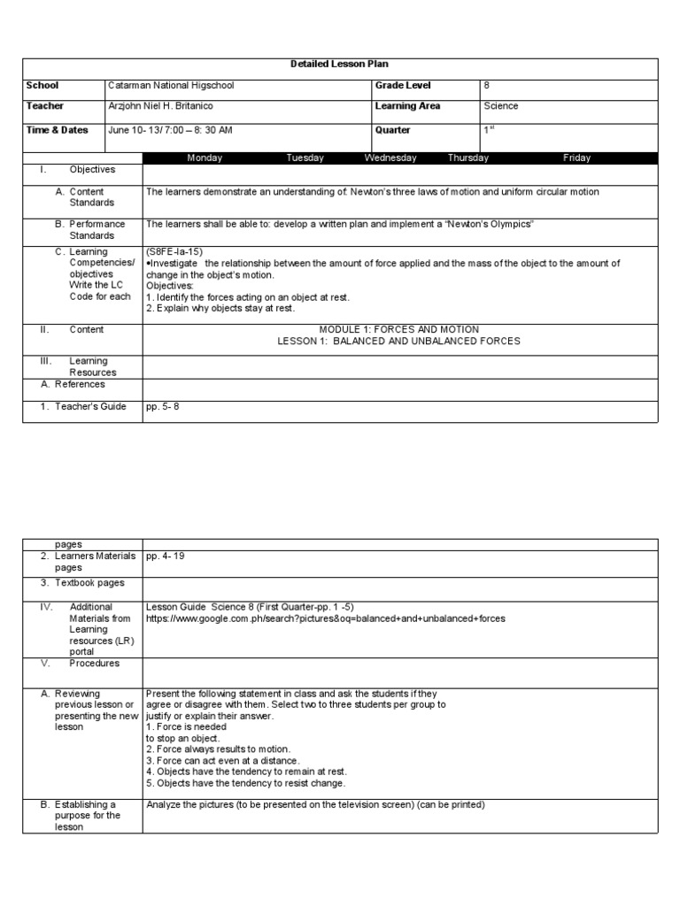 Detailed Lesson Plan in 1st Quarter | PDF | Force | Friction