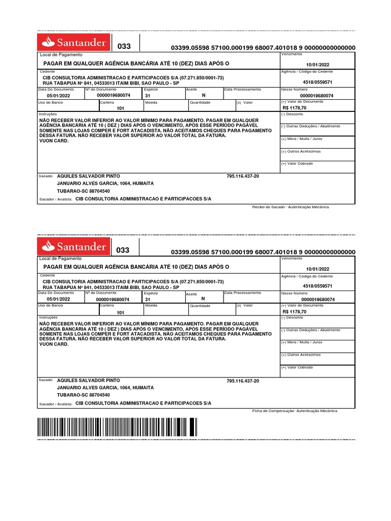 Boleto bancário para pagamento de fatura emitida pela CIB Consultoria ...