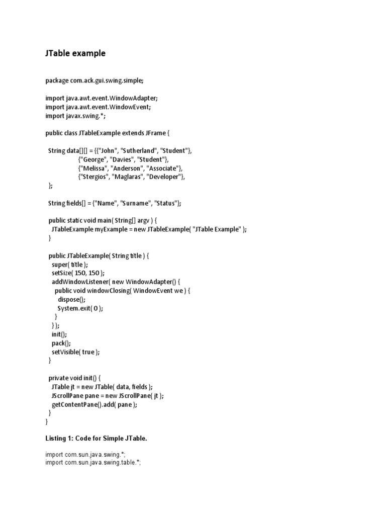 Creating And Displaying A Simple Jtable With Example Code Pdf