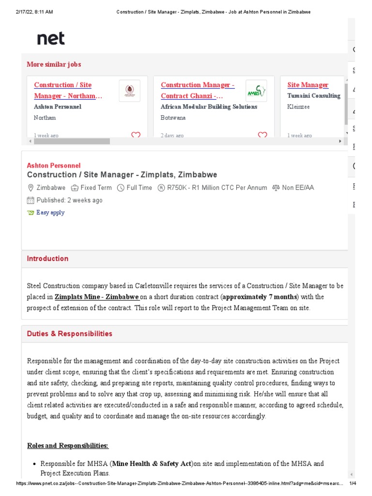 Construction Site Manager Zimplats, Zimbabwe Job at Ashton