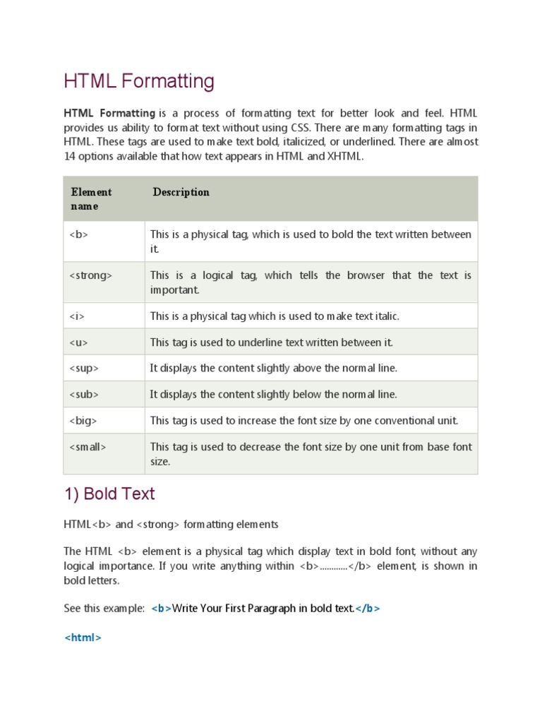 HTML Formatting: 1) Bold Text | PDF | Html Element | Html