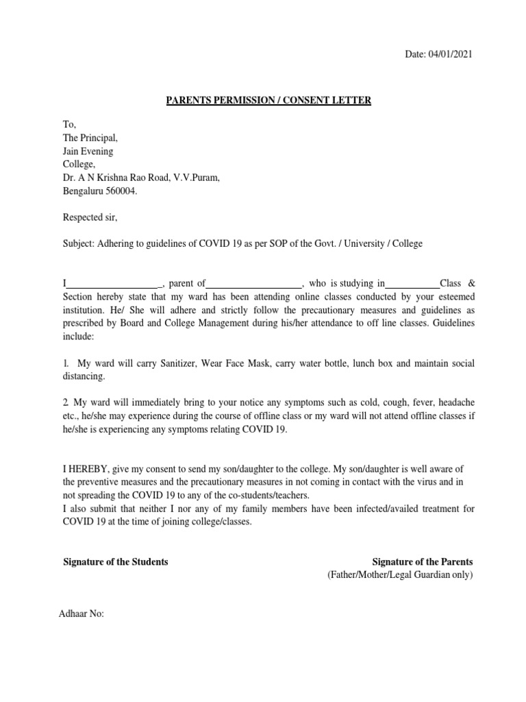 Concent Letter For Offline Classes | PDF | Wellness