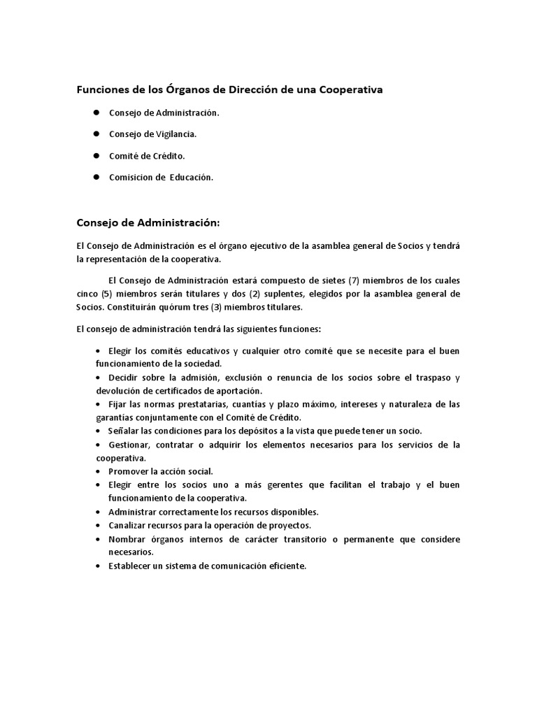 Funciones de Órganos en Cooperativas | PDF | Cooperativa | Junta Directiva