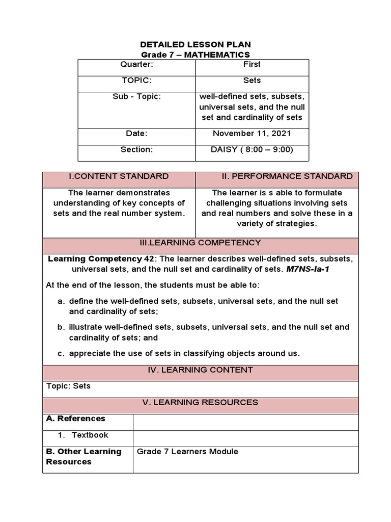 Detailed Lesson Plan Grade 7 - Mathematics | Download Free PDF | Set ...