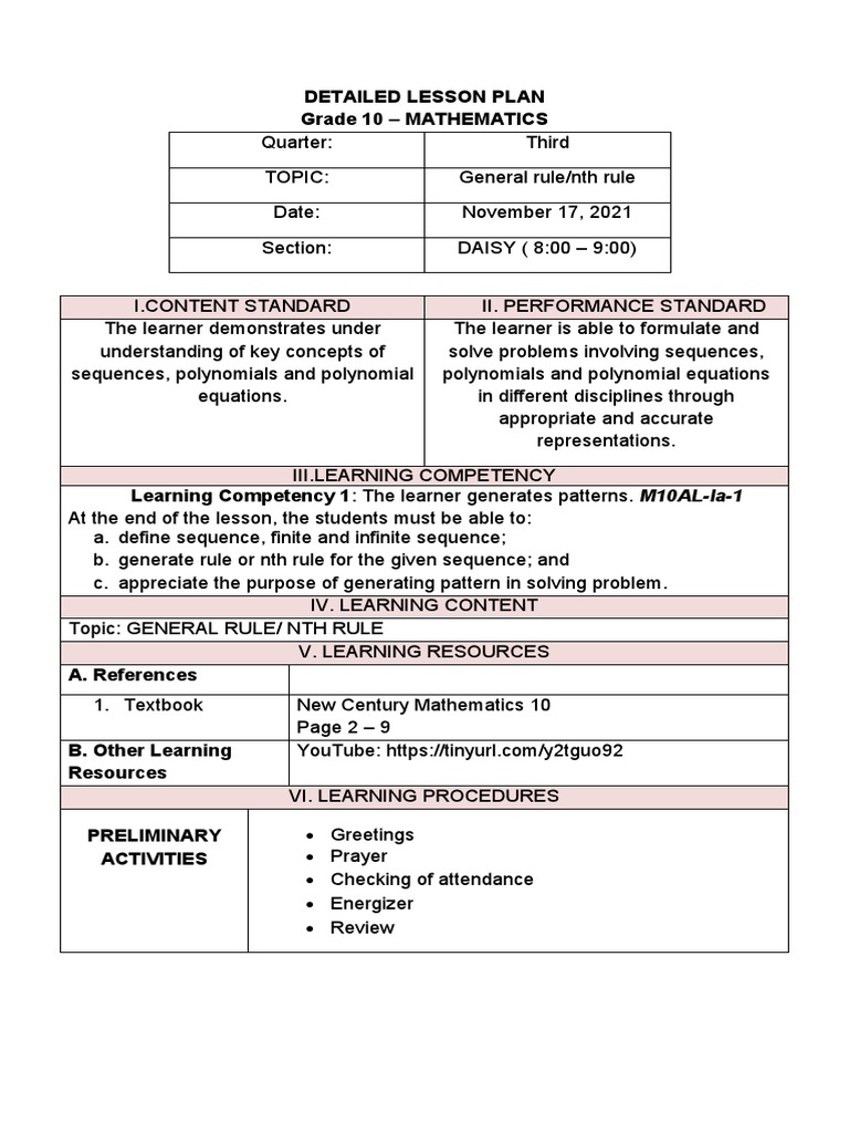Detailed Lesson Plan Grade 10 - Mathematics | PDF | Sequence | Ellipsis