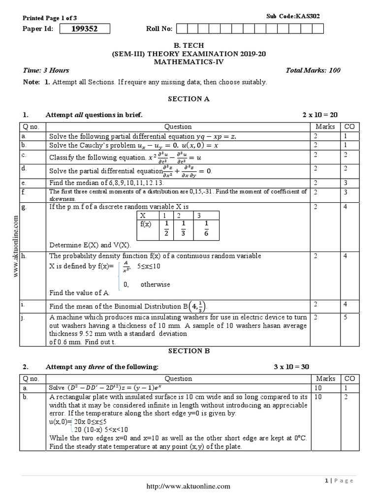 B.Tech Mathematics-IV Exam Paper 2019-20 | PDF | Probability ...