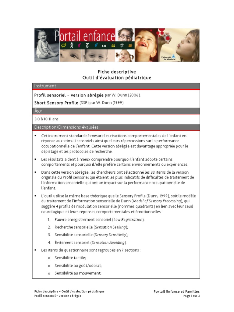 Profil sensoriel abrégé pour enfants | PDF | Sens (physiologie ...