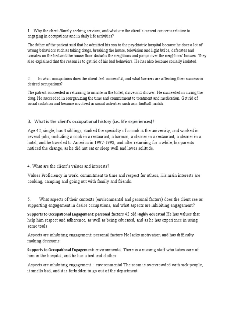 Client Occupational Engagement Assessment | PDF | Caregiver | Medical ...