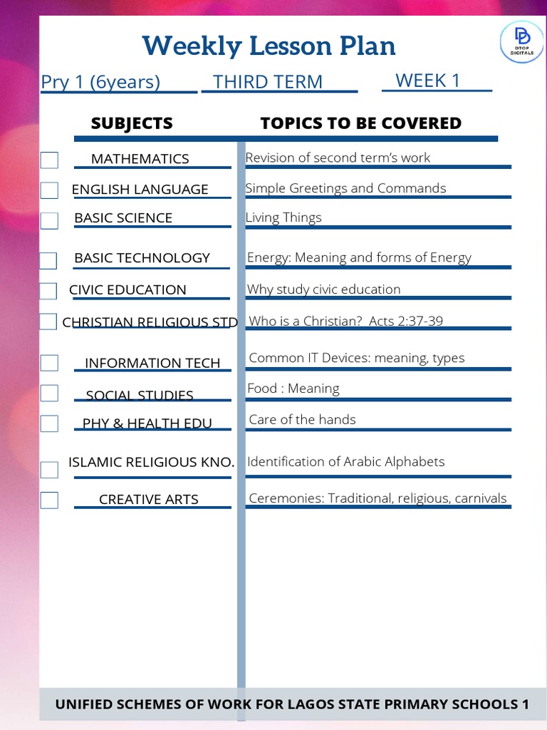 Weekly Lesson Plan: Pry 1 (6years) Third Term Week 1 | PDF | Science ...