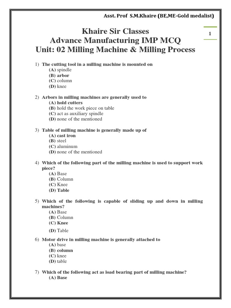 Khaire Sir Classes Advance Manufacturing IMP MCQ Unit 02 Milling