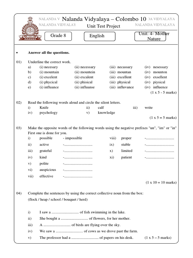Nalanda vidyalaya colombo 10 unit test project project english unit