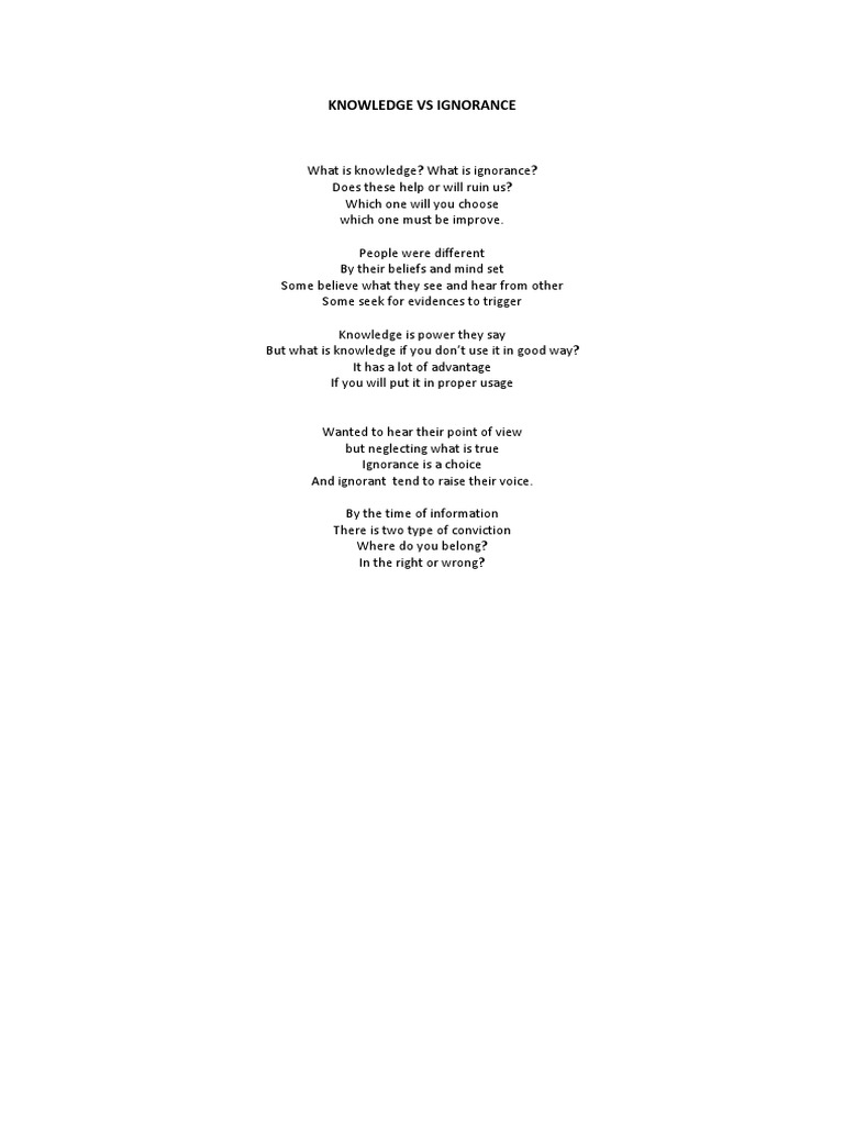 Knowledge Vs Ignorance Poem | PDF | Self-Improvement