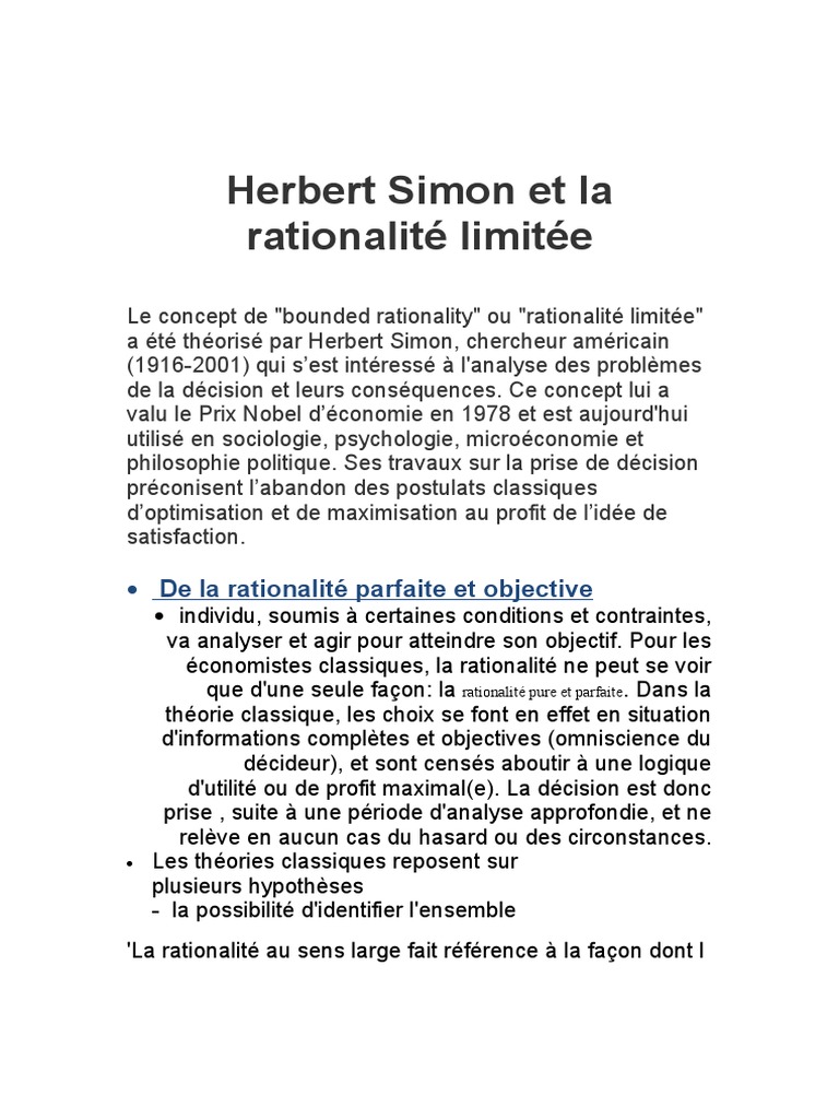 Herbert Simon et la rationalité limitée | PDF | Cognition | Concept de ...