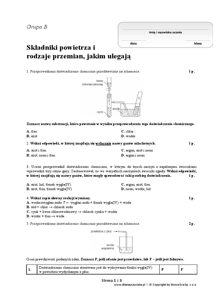 Chemia Klasa 7 Składniki Powietrza I Rodzaje Przemian Jakim Ulegają Sprawdzian 2 Skladniki Powietrza I Rodzaje Przem 1 | PDF