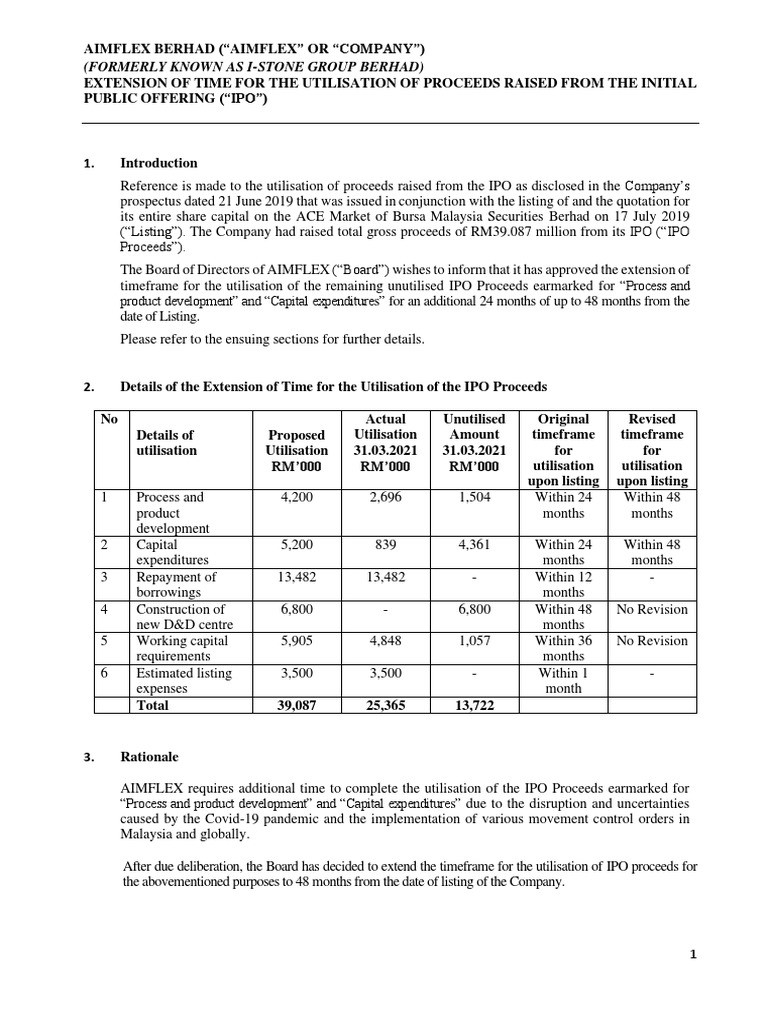 AIMFLEX Extends IPO Proceeds Utilization | PDF | Initial Public ...