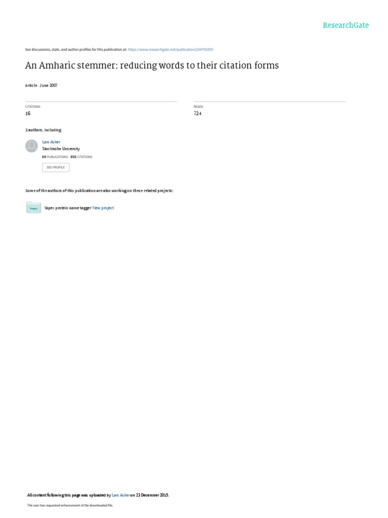 An Amharic Stemmer Reducing Words To Their Citatio Pdf Morphology Linguistics Grammatical Gender