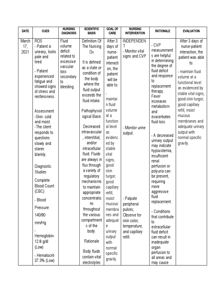 Fluid Volume Deficit NCP PDF Electrolyte Blood