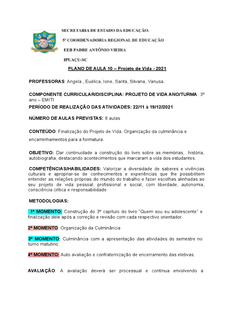PLANO DE AULA 10 - Projeto de Vida - 2021 | PDF