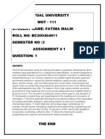 Virtual University MGT - 111 Student Name: Fatima Malik ROLL NO: BC200404911 Semester No:3 Assignment # 1