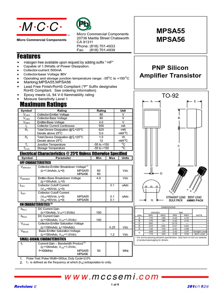 MCC MPSA56 AP Datasheet PDF Bipolar Junction Transistor