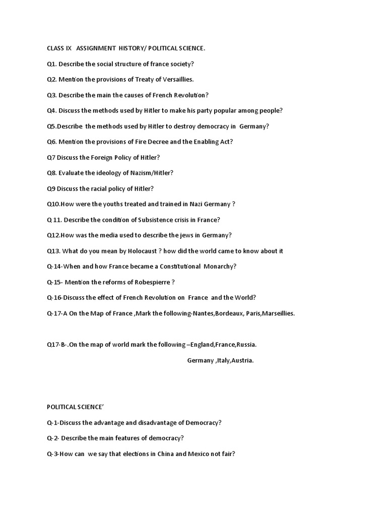 Class Ix Assignment | PDF | Politics