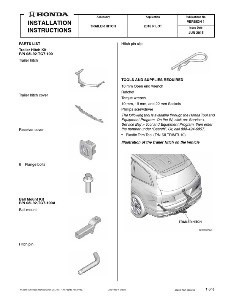 Installation Instructions Parts List Trailer Hitch Kit P/N 08L92TG7