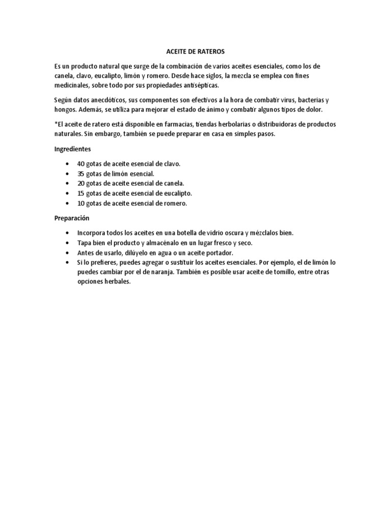 Receta y beneficios del aceite de ratero | PDF