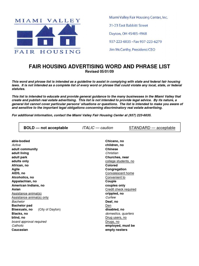 Fair Housing Advertising Word and Phrase List PDF Homosexuality