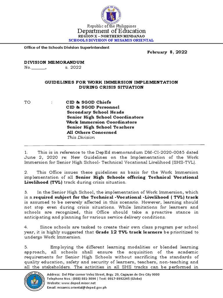Work Immersion Guidelines for SHS TVL | PDF | Business