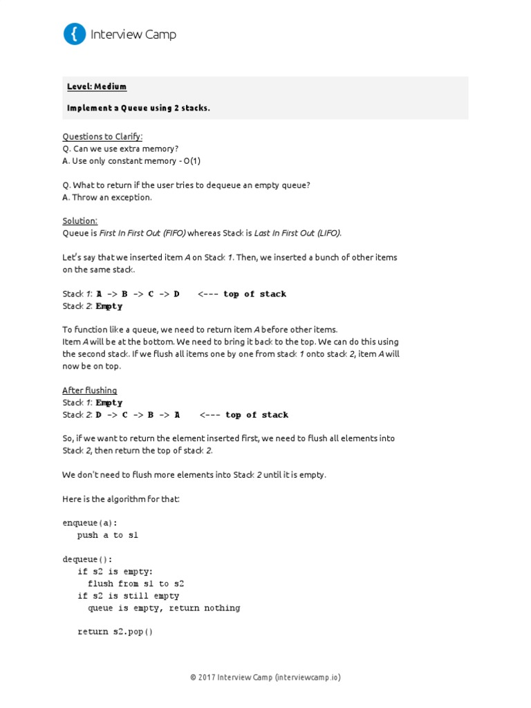 Interview camp level medium implement a queue using 2 stacks pdf