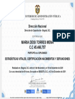 Certificado Maria Deisi Torres Mena Curso Estadísticas Vitales, Certificación Nacimientos y Defunciones