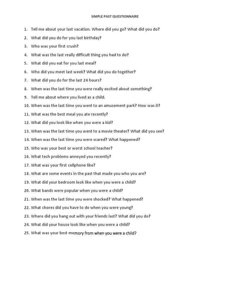 Simple Past Tense Questionnaire | PDF | Art