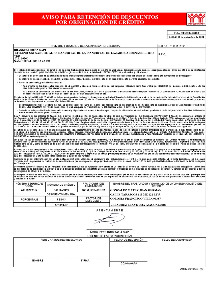 Aviso de Retención de Descuentos INFONAVIT | PDF | Salario mínimo | Bancos