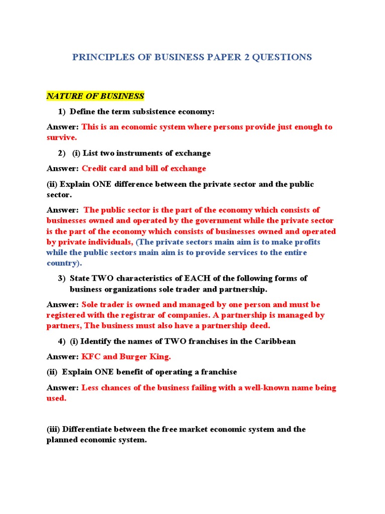 Principles of Business Paper 2 Questions PDF