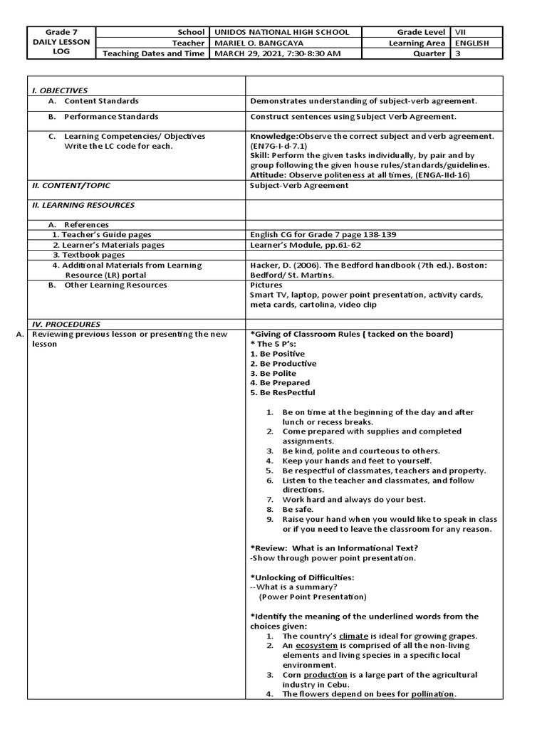 Subject-Verb Agreement Lesson Plan | PDF | Subject (Grammar ...