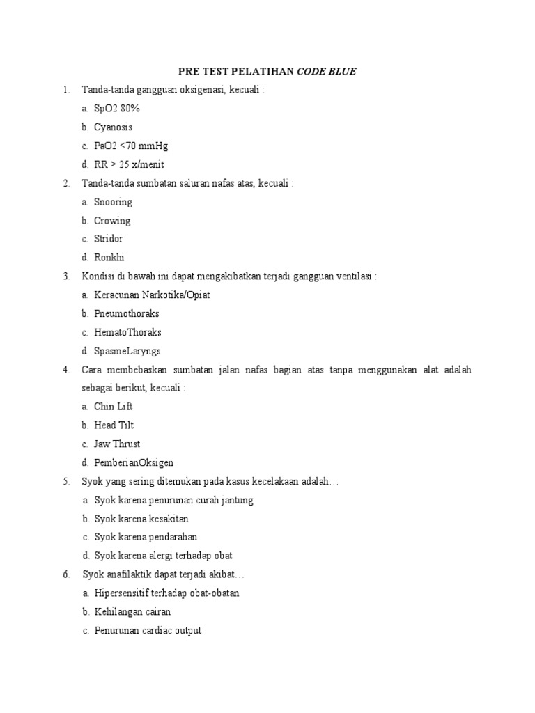 Pre Test Pelatihan Code Blue Medis | PDF