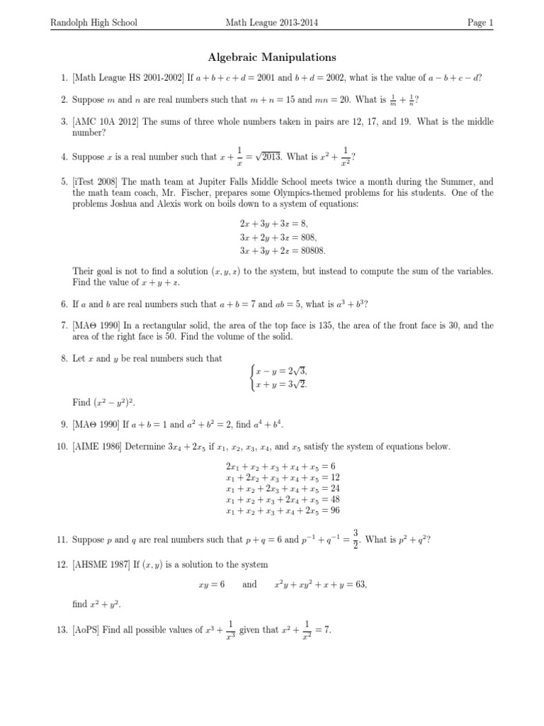 Algebraic Manipulation Problems | PDF | Area | Rectangle