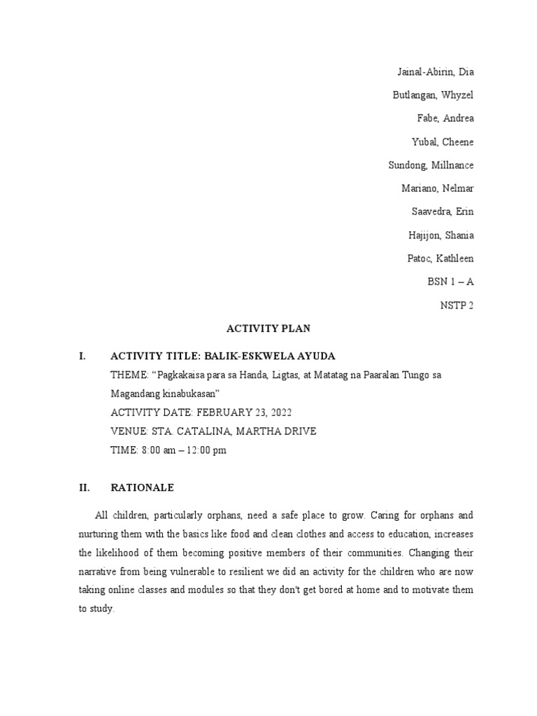 Activity Plan I. Activity Title: Balik-Eskwela Ayuda | PDF