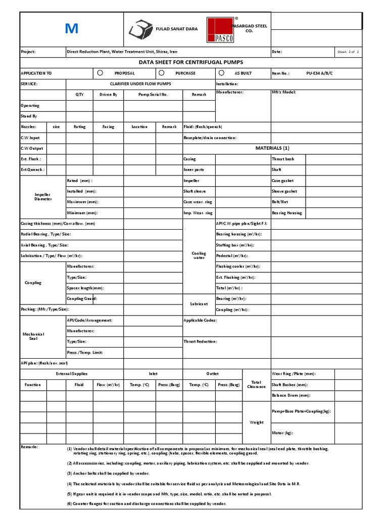 Centrifugal Pump Data Sheet for Proposal | PDF | Pump | Mechanical ...