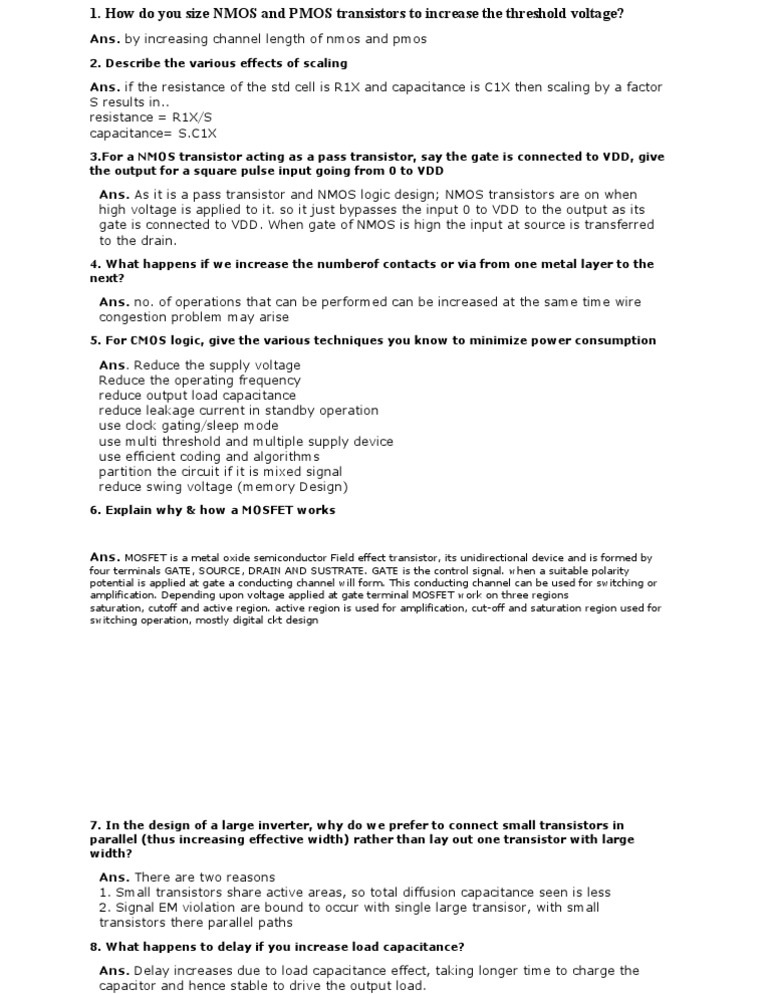 VLSI Question and Answers PDF Mosfet Field Effect Transistor