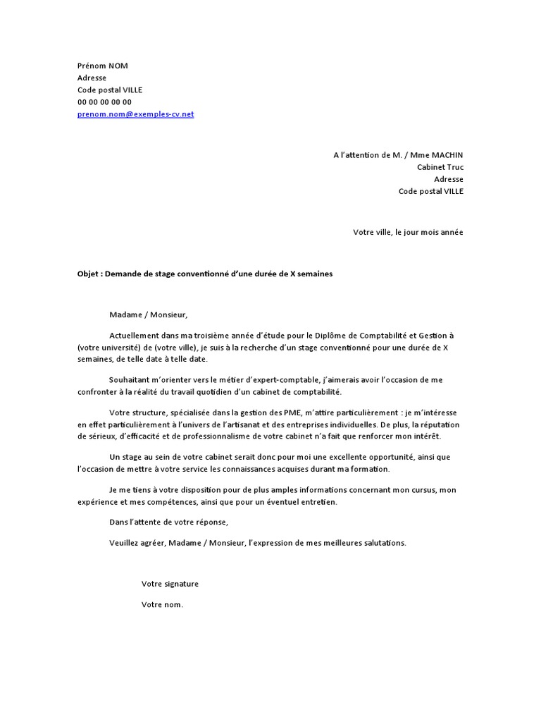 Lettre De Motivation Comptabilité Et Gestion Débutant Lettre Motivation Stage Comptabilité | PDF