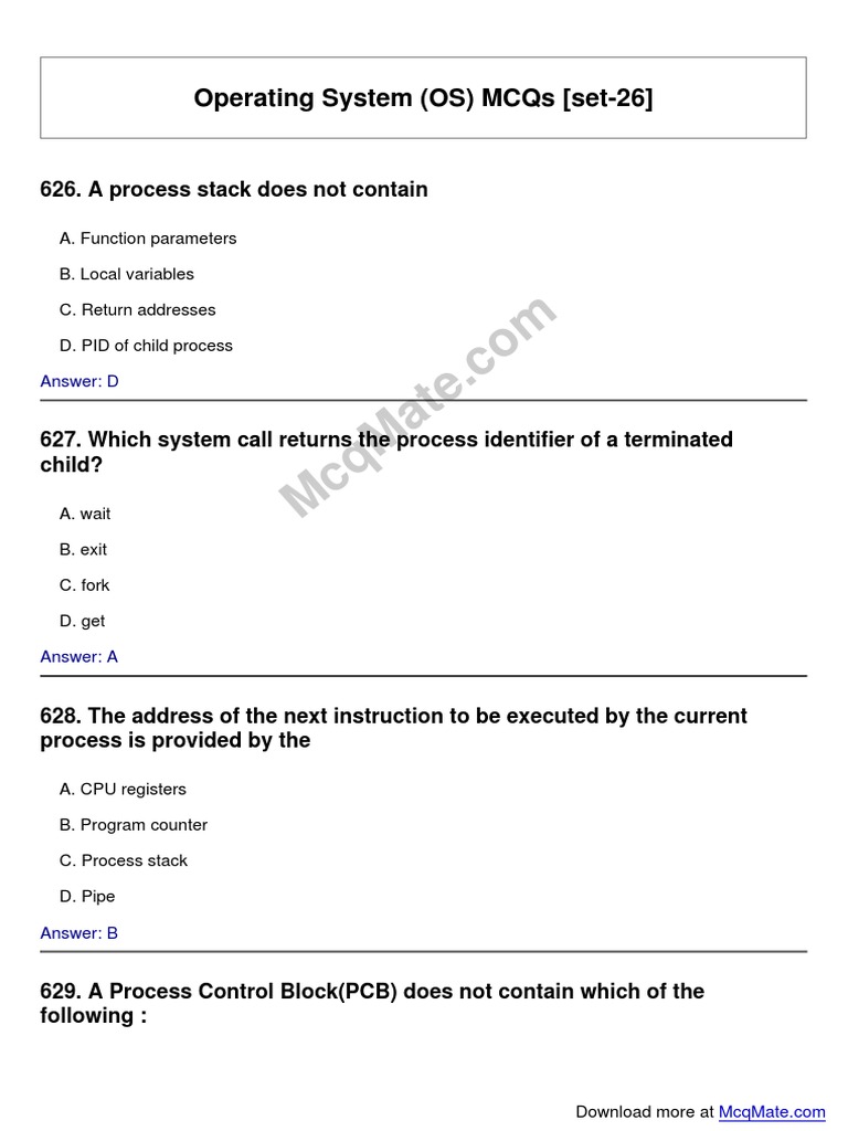 Operating System MCQs Set 26 | PDF | Process (Computing) | Computer Science