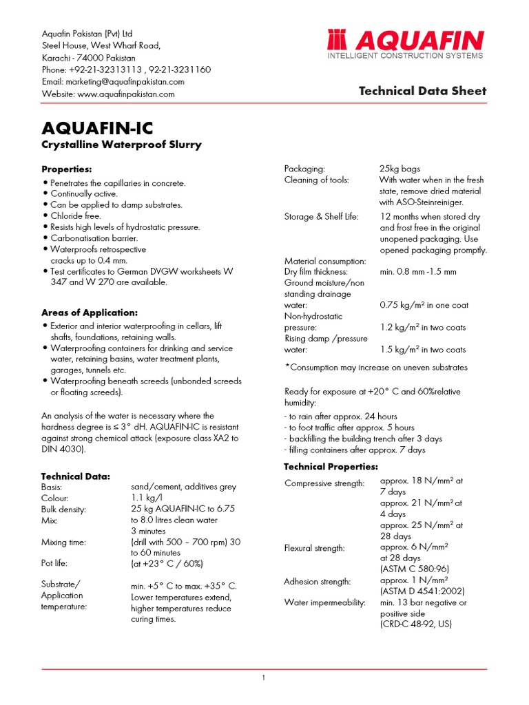 Aquafin-Ic: Crystalline Waterproof Slurry | PDF | Concrete | Water