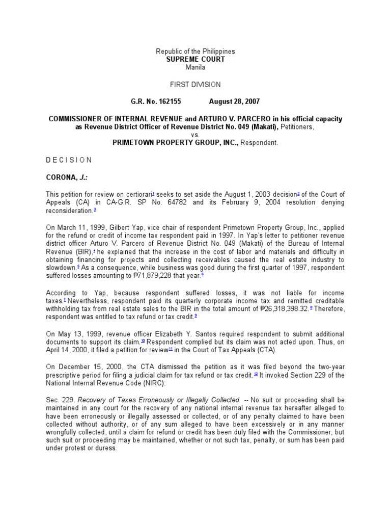 CIR v. Primetown PDF Tax Refund Statute Of Limitations