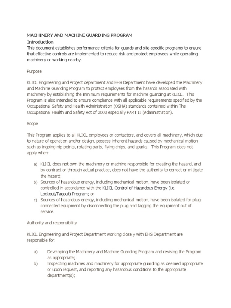 Machinery and Machine Guarding Program PDF Mechanical Engineering