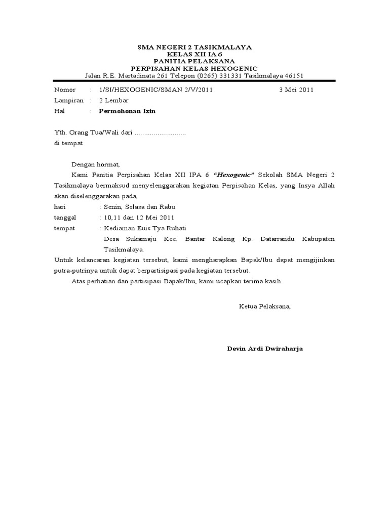 Contoh Surat Izin Orang Tua