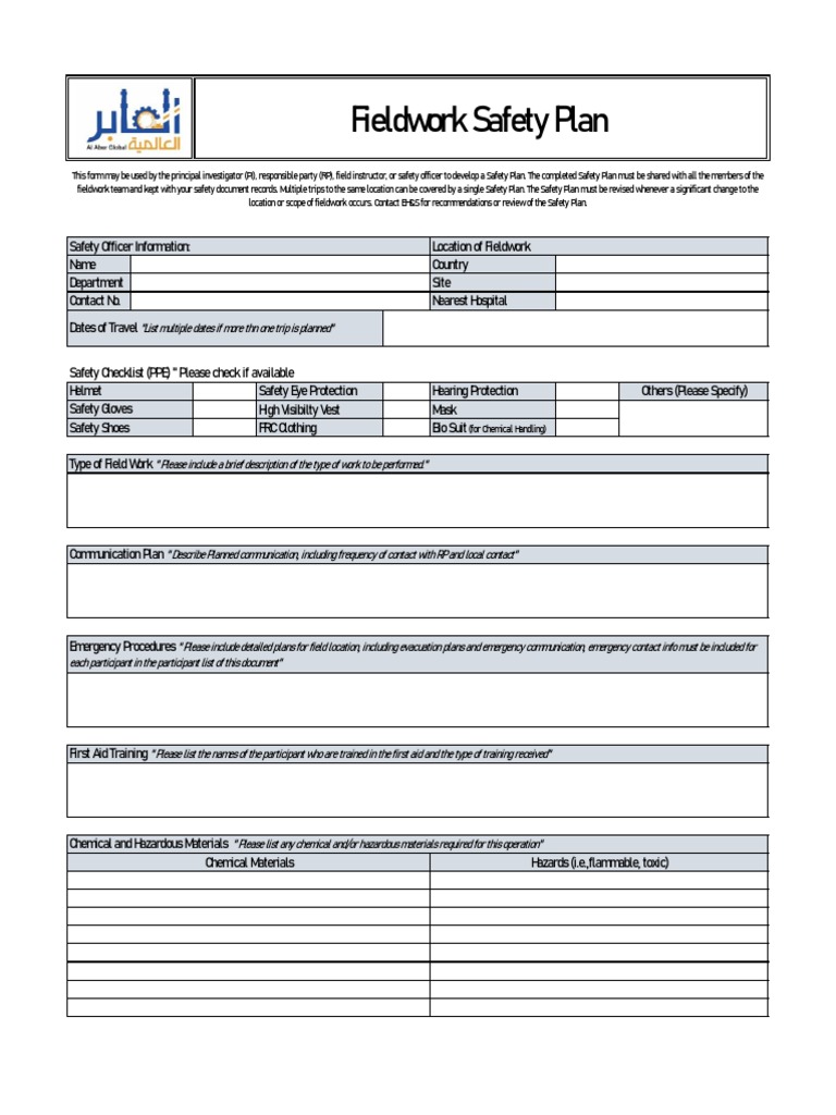 Fieldwork Safety Plan PDF Emergency Management Personal