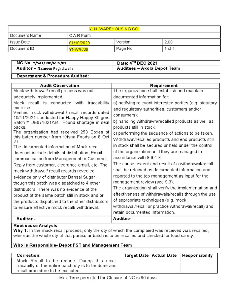 Y. N. Warehousing Co. Document Name C.A.R Form Issue Date 01/10/2020 2 ...